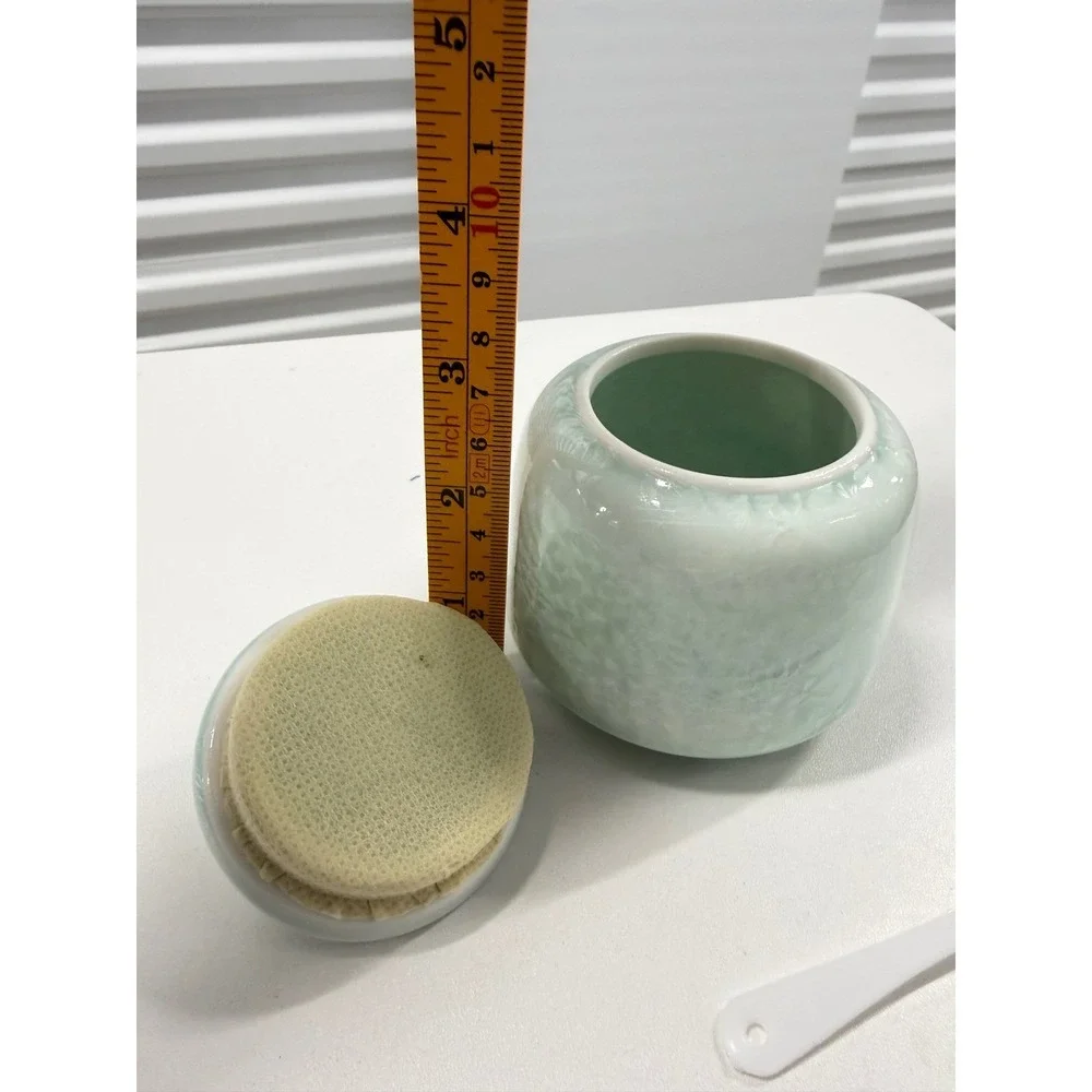 Vintage Crystalline Glaze Ceramic Tea Caddy Mint Green Floral Finial Small Jar